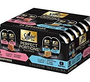 Brand Name: Sheba  Product Name: Sheba Perfect Portions Multipack Salmon and Whitefish & Tuna Entrée Wet Cat Food Corn Soy Wheat Free (12 Twin Packs), 1.98 Pounds