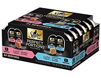Brand Name: Sheba Product Name: Sheba Perfect Portions Multipack Salmon and Whitefish & Tuna Entrée Wet Cat Food Corn Soy Wheat Free (12 Twin Packs), 1.98 Pounds